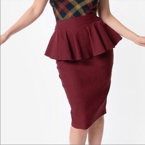 NWT Unique Vintage Peplum Stretch Burgundy Pencil Skirt Size Large Pinup Flirty